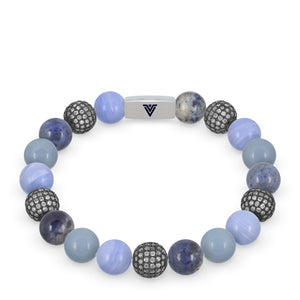 Front view of a 10mm Cerulean Sirius beaded stretch bracelet featuring Blue Lace Agate, Steel Pave, Dumortierite, & Angelite crystal and silver stainless steel logo bead made by Voltlin