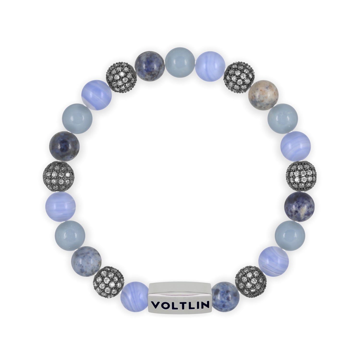 Front view of an 8mm Cerulean Sirius beaded stretch bracelet featuring Blue Lace Agate, Steel Pave, Dumortierite, & Angelite crystal and silver stainless steel logo bead made by Voltlin