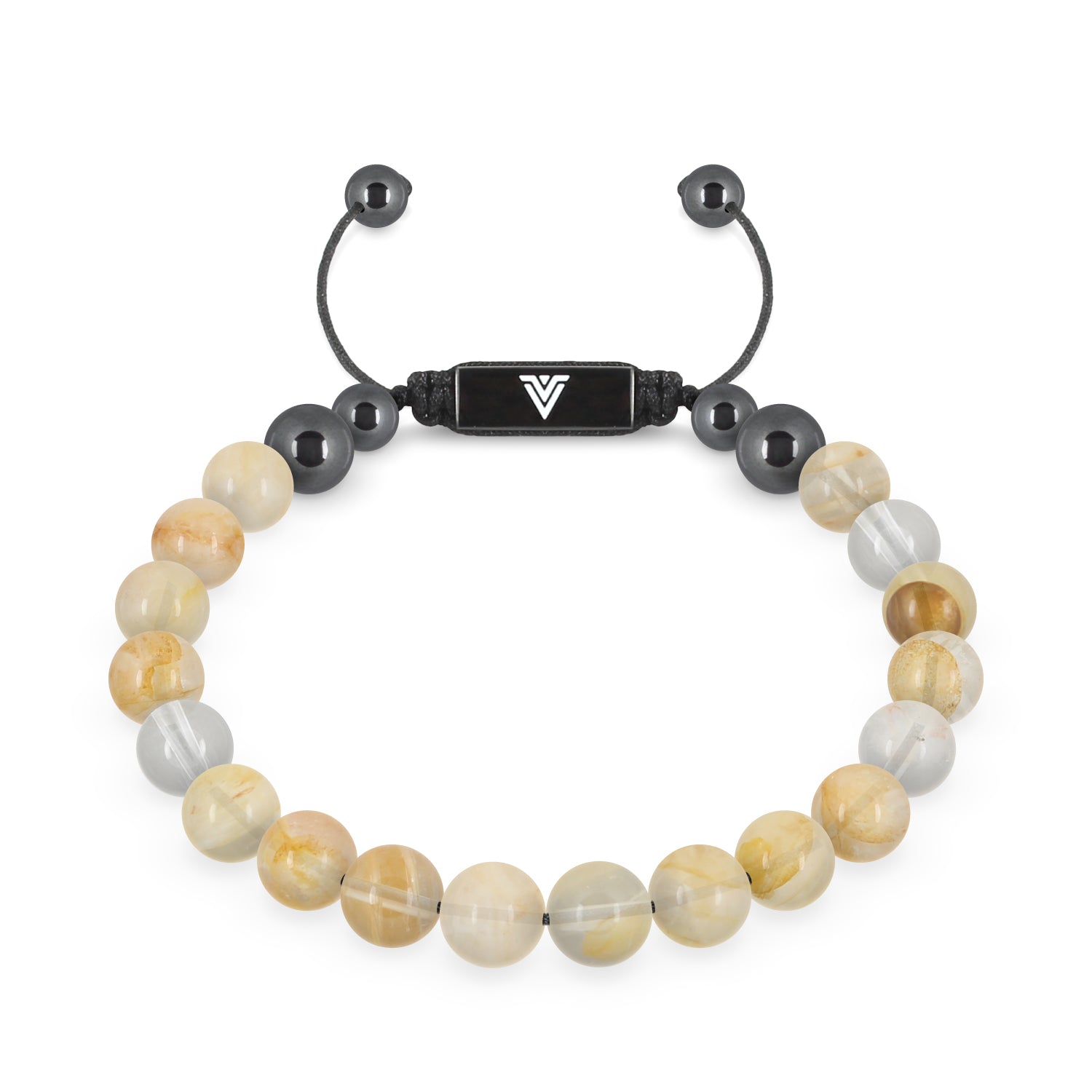 Front view of an 8mm Citrine crystal beaded shamballa bracelet with black stainless steel logo bead made by Voltlin
