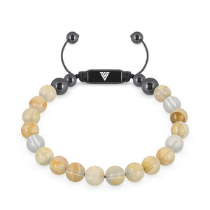 Front view of an 8mm Citrine crystal beaded shamballa bracelet with black stainless steel logo bead made by Voltlin