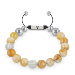 Front view of a 10mm Citrine beaded shamballa bracelet with silver stainless steel logo bead made by Voltlin
