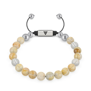 Front view of an 8mm Citrine beaded shamballa bracelet with silver stainless steel logo bead made by Voltlin