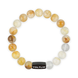Top view of a 10mm Citrine crystal beaded stretch bracelet with black stainless steel logo bead made by Voltlin