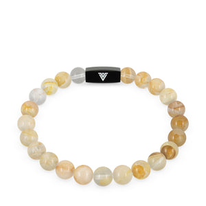 Front view of an 8mm Citrine crystal beaded stretch bracelet with black stainless steel logo bead made by Voltlin
