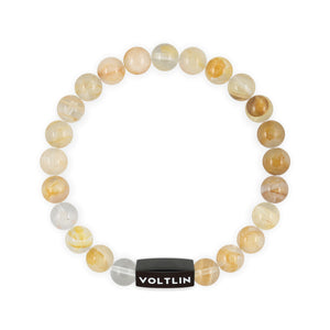 Top view of an 8mm Citrine Zodiac crystal beaded stretch bracelet with black stainless steel logo bead made by Voltlin