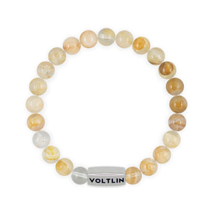 Top view of an 8mm Citrine beaded stretch bracelet with silver stainless steel logo bead made by Voltlin