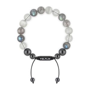 Top view of a 10mm Crown Chakra crystal beaded shamballa bracelet with black stainless steel logo bead made by Voltlin