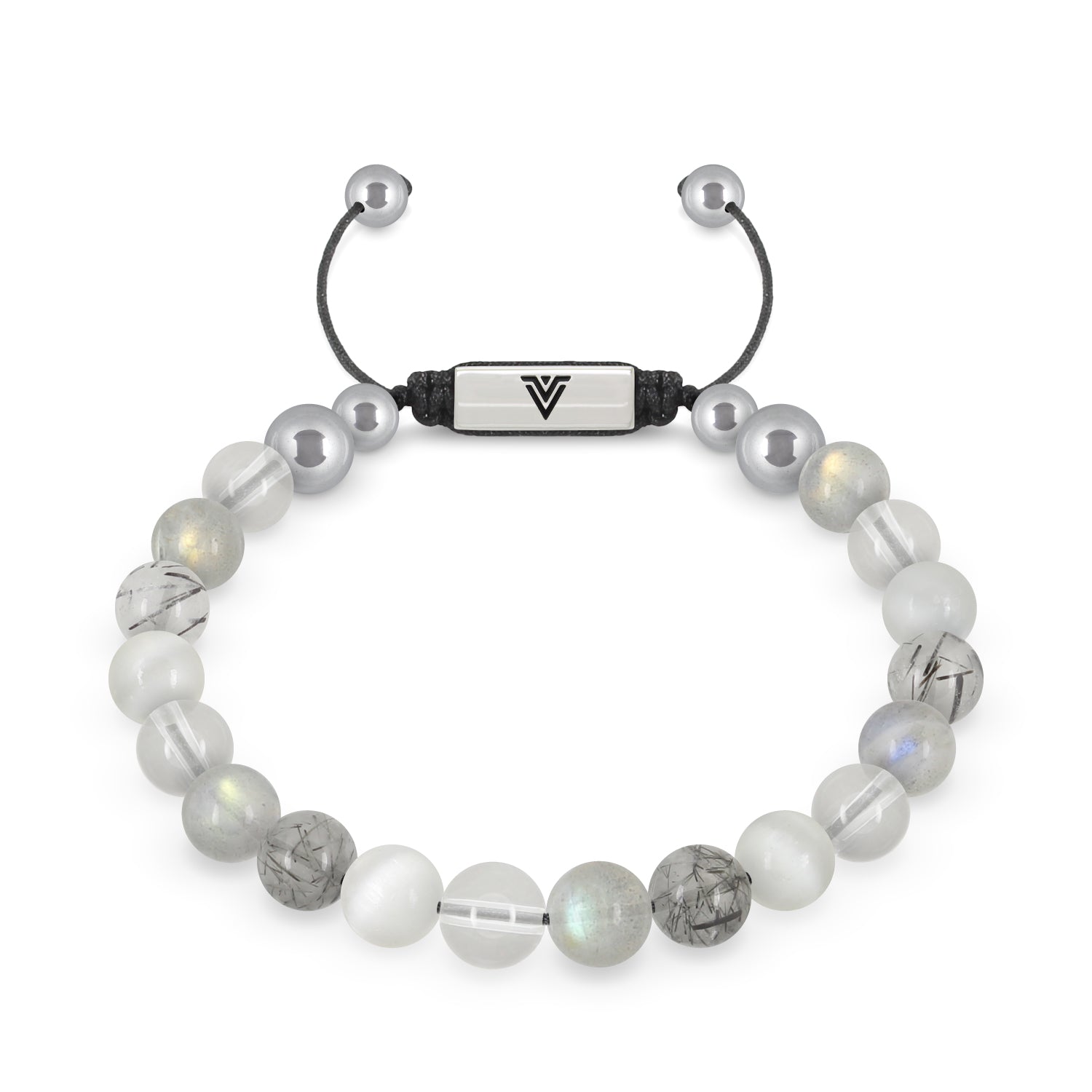 Front view of an 8mm Crown Chakra beaded shamballa bracelet featuring Quartz, Labradorite, Tourmalinated Quartz, & Selenite crystal and silver stainless steel logo bead made by Voltlin