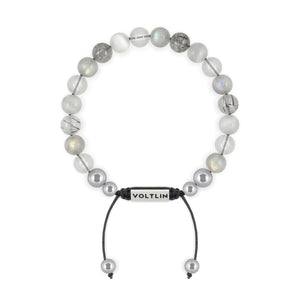 Top view of an 8mm Crown Chakra beaded shamballa bracelet featuring Quartz, Labradorite, Tourmalinated Quartz, & Selenite crystal and silver stainless steel logo bead made by Voltlin