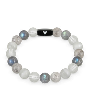 Front view of a 10mm Crown Chakra crystal beaded stretch bracelet with black stainless steel logo bead made by Voltlin