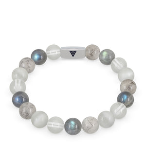 Front view of a 10mm Crown Chakra beaded stretch bracelet featuring Quartz, Labradorite, Tourmalinated Quartz, & Selenite crystal and silver stainless steel logo bead made by Voltlin