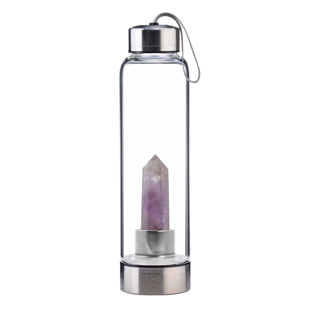 Amethyst Crystal Point Water Bottle, Create Gem-Infused Elixirs, 18.5 oz., Glass & Stainless Steel, VOLTLIN