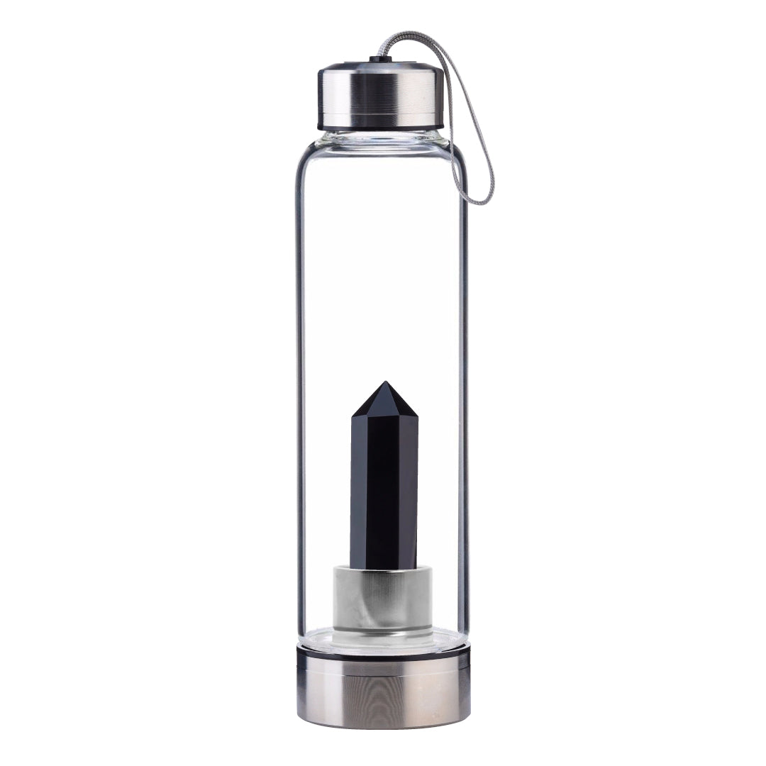 Black Obsidian Crystal Point Water Bottle, Create Gem-Infused Elixirs, 18.5 oz., Glass & Stainless Steel, VOLTLIN