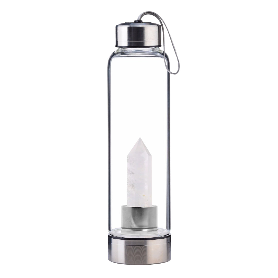 Quartz Crystal Point Water Bottle, Create Gem-Infused Elixirs, 18.5 oz., Glass & Stainless Steel, VOLTLIN