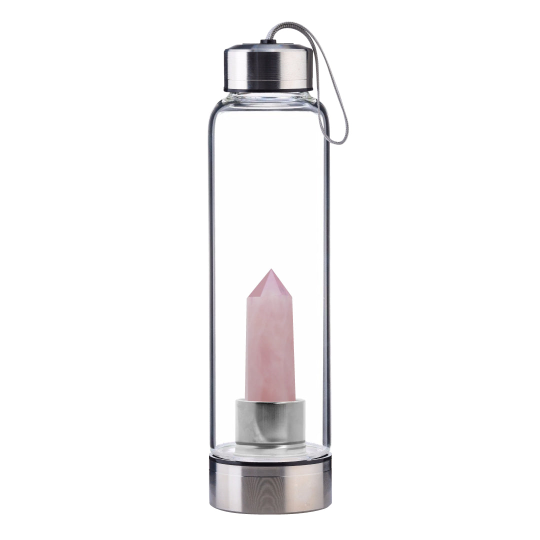 Rose Quartz Crystal Point Water Bottle, Create Gem-Infused Elixirs, 18.5 oz., Glass & Stainless Steel, VOLTLIN