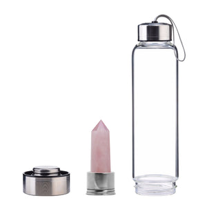 Rose Quartz Crystal Point Water Bottle, Create Gem-Infused Elixirs, 18.5 oz., Glass & Stainless Steel, VOLTLIN