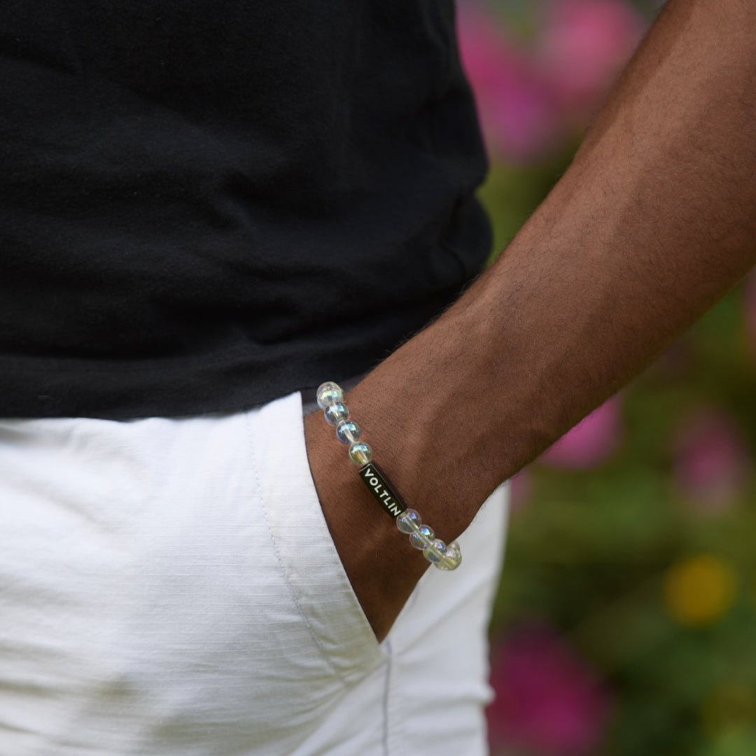 Angel Aura Quartz Stretch Bracelet Beaded Healing Crystal & Gemstone Jewelry, Unisex, Black, VOLTLIN