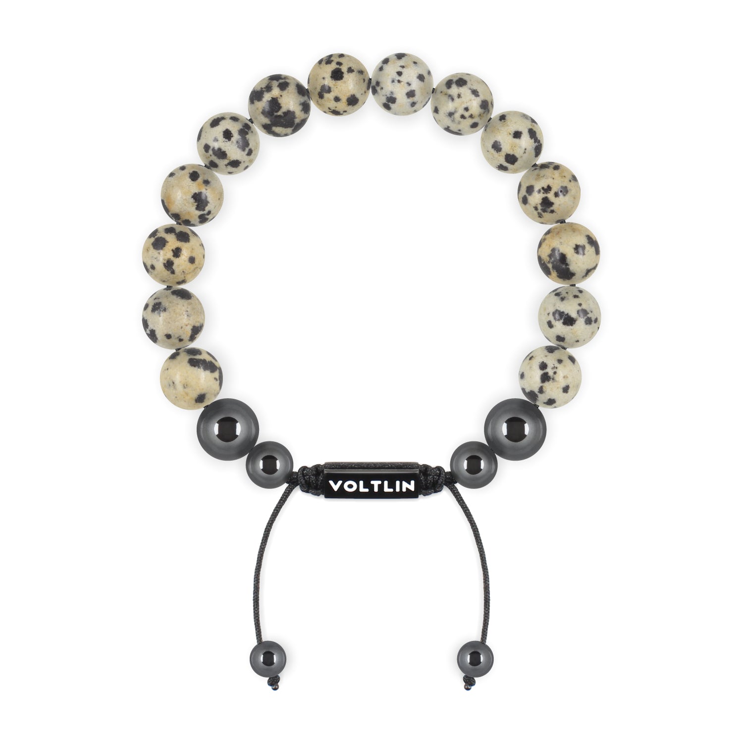 Top view of a 10mm Dalmatian Jasper crystal beaded shamballa bracelet with black stainless steel logo bead made by Voltlin