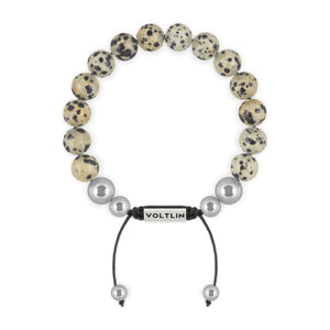 Top view of a 10mm Dalmatian Jasper beaded shamballa bracelet with silver stainless steel logo bead made by Voltlin