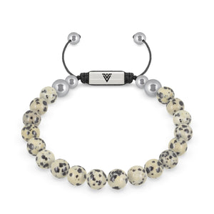 Front view of an 8mm Dalmatian Jasper beaded shamballa bracelet with silver stainless steel logo bead made by Voltlin
