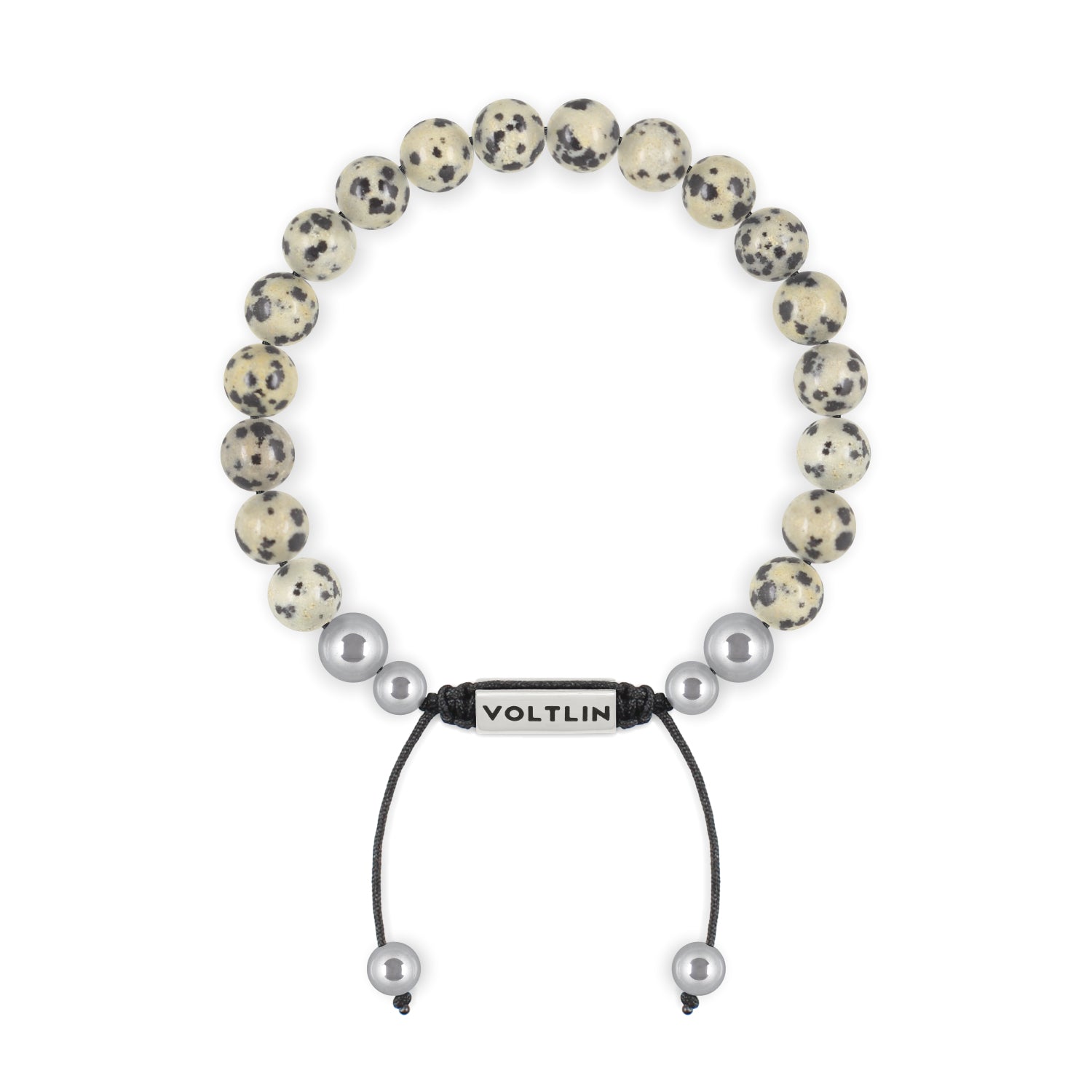 Top view of an 8mm Dalmatian Jasper beaded shamballa bracelet with silver stainless steel logo bead made by Voltlin