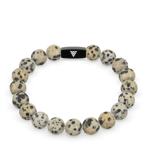 Front view of a 10mm Dalmatian Jasper crystal beaded stretch bracelet with black stainless steel logo bead made by Voltlin