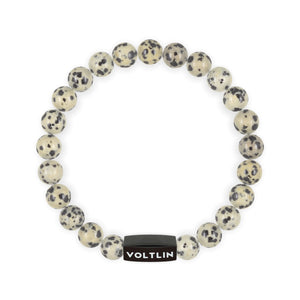 Top view of an 8mm Dalmatian Jasper crystal beaded stretch bracelet with black stainless steel logo bead made by Voltlin