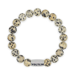 Top view of a 10mm Dalmatian Jasper beaded stretch bracelet with silver stainless steel logo bead made by Voltlin