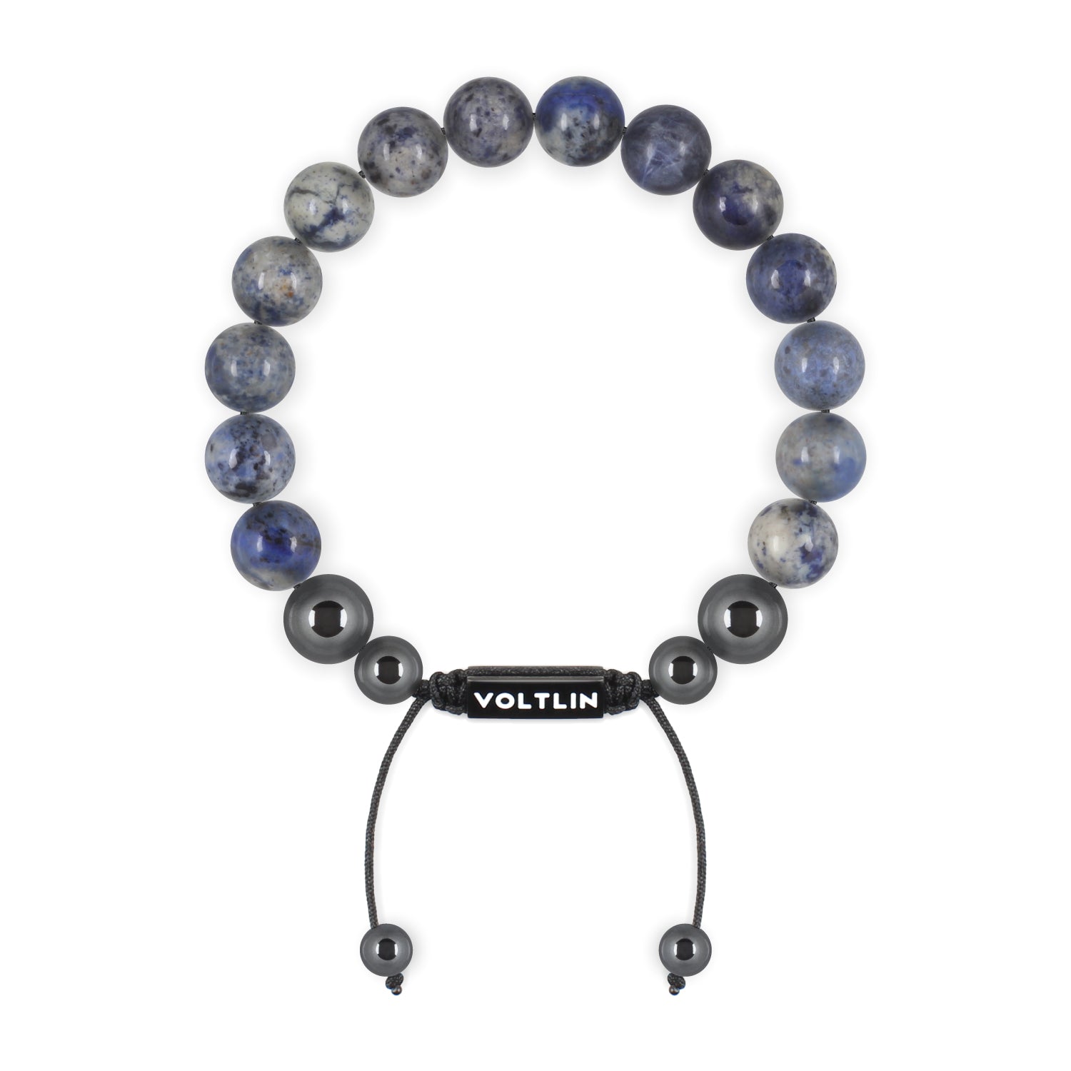 Top view of a 10mm Dumortierite crystal beaded shamballa bracelet with black stainless steel logo bead made by Voltlin