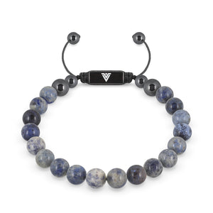 Front view of an 8mm Dumortierite crystal beaded shamballa bracelet with black stainless steel logo bead made by Voltlin