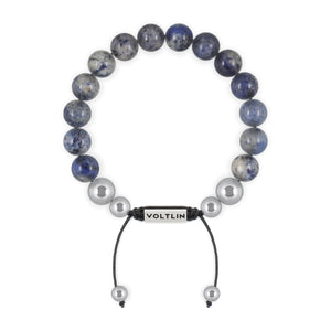 Top view of a 10mm Dumortierite beaded shamballa bracelet with silver stainless steel logo bead made by Voltlin