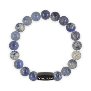 Top view of a 10mm Dumortierite crystal beaded stretch bracelet with black stainless steel logo bead made by Voltlin
