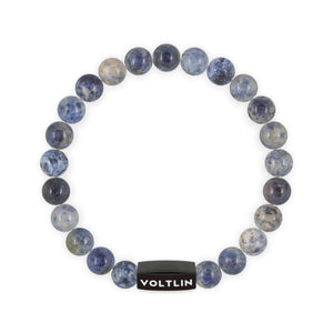 Top view of an 8mm Dumortierite crystal beaded stretch bracelet with black stainless steel logo bead made by Voltlin