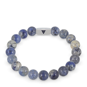 Front view of a 10mm Dumortierite beaded stretch bracelet with silver stainless steel logo bead made by Voltlin