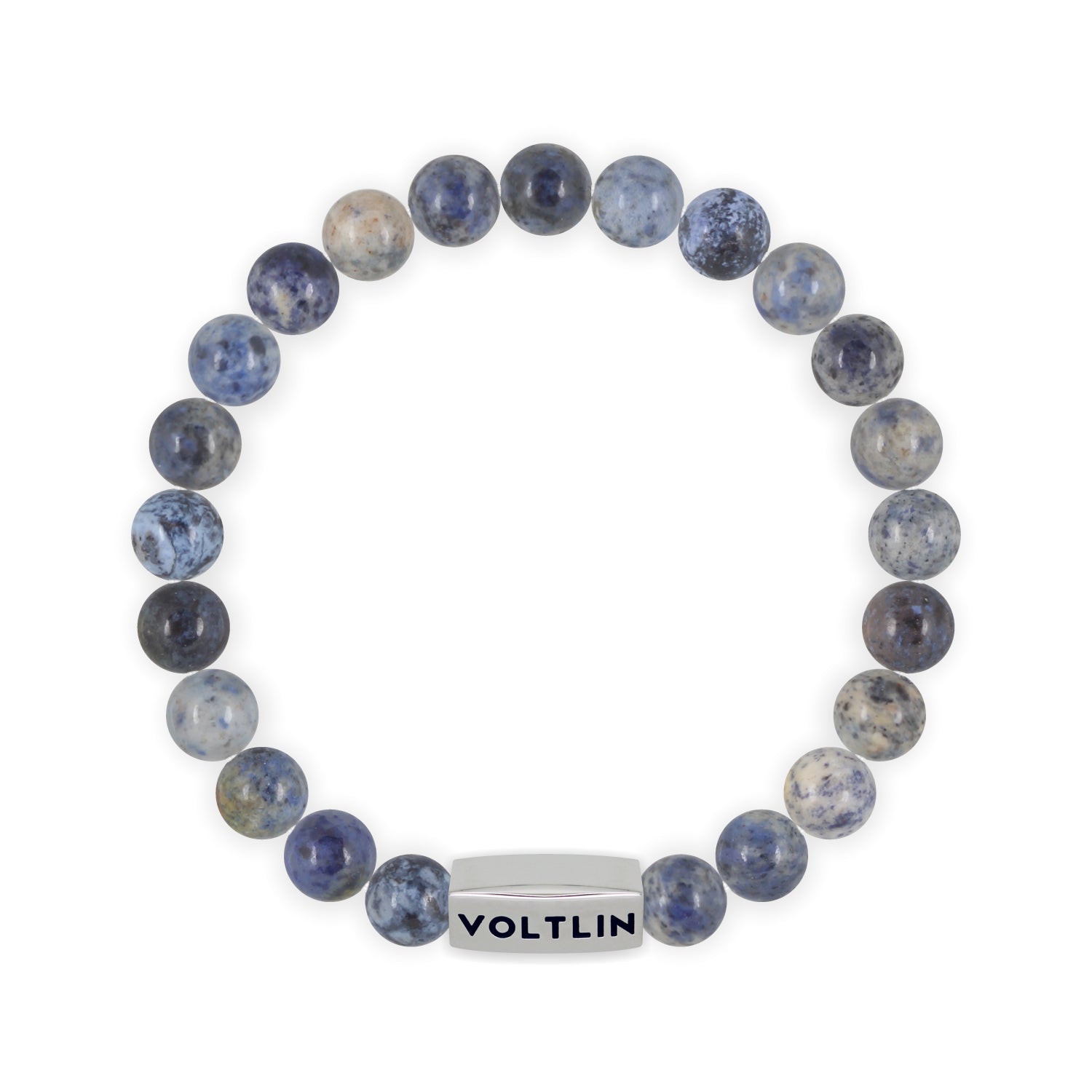 Front view of an 8mm Dumortierite beaded stretch bracelet with silver stainless steel logo bead made by Voltlin
