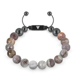 Front view of a 10mm Faceted Botswana Agate crystal beaded shamballa bracelet with black stainless steel logo bead made by Voltlin