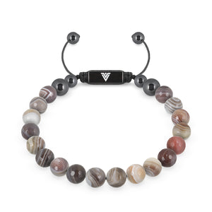 Front view of an 8mm Faceted Botswana Agate crystal beaded shamballa bracelet with black stainless steel logo bead made by Voltlin