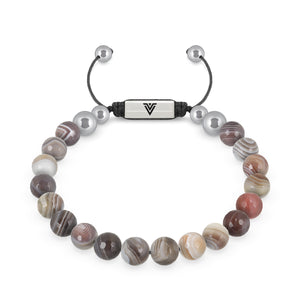 Front view of an 8mm Faceted Botswana Agate beaded shamballa bracelet with silver stainless steel logo bead made by Voltlin