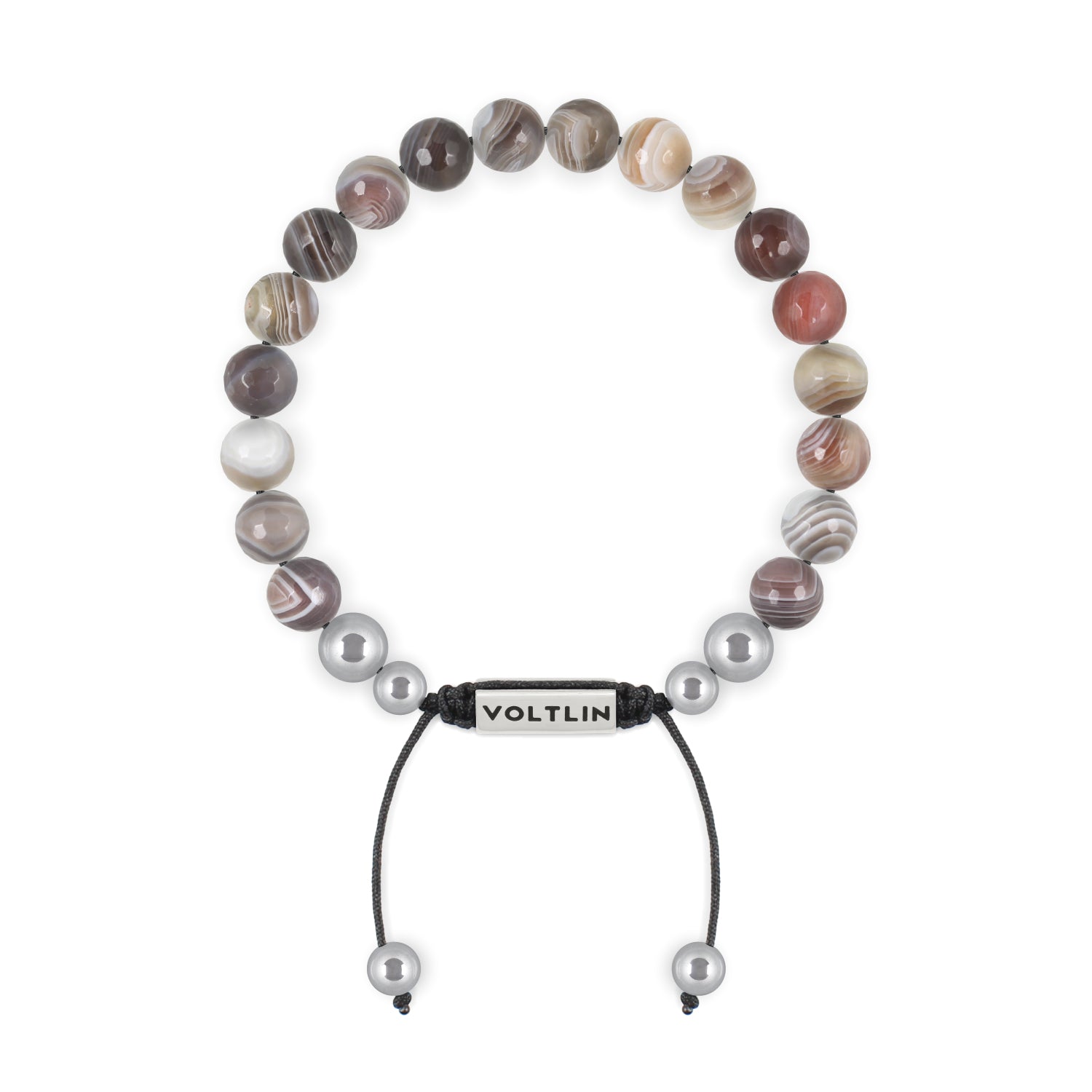 Top view of an 8mm Faceted Botswana Agate beaded shamballa bracelet with silver stainless steel logo bead made by Voltlin
