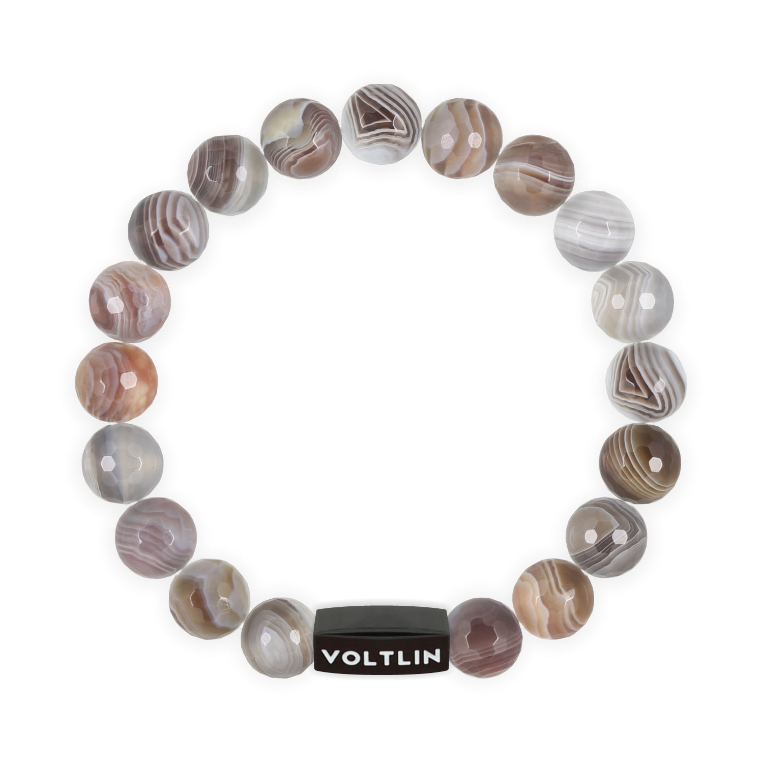 Top view of a 10mm Faceted Botswana Agate crystal beaded stretch bracelet with black stainless steel logo bead made by Voltlin