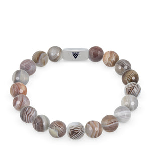 Front view of a 10mm Faceted Botswana Agate beaded stretch bracelet with silver stainless steel logo bead made by Voltlin