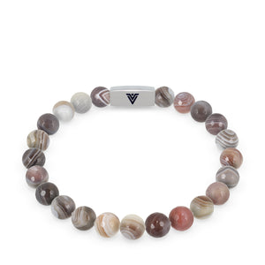 Front view of an 8mm Faceted Botswana Agate beaded stretch bracelet with silver stainless steel logo bead made by Voltlin