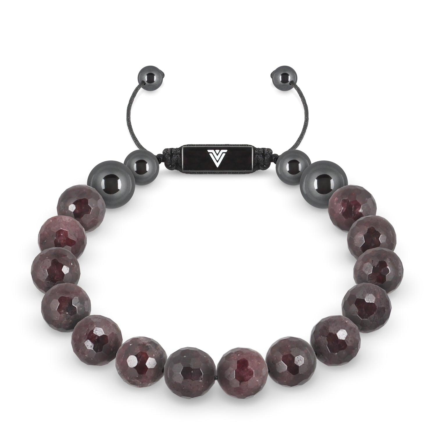 Front view of a 10mm Faceted Garnet crystal beaded shamballa bracelet with black stainless steel logo bead made by Voltlin