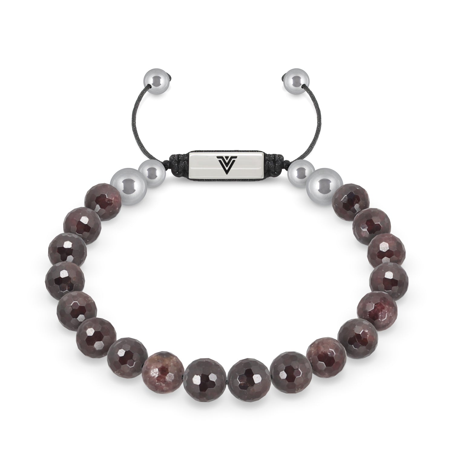 Front view of an 8mm Faceted Garnet beaded shamballa bracelet with silver stainless steel logo bead made by Voltlin