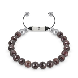 Front view of an 8mm Faceted Garnet beaded shamballa bracelet with silver stainless steel logo bead made by Voltlin