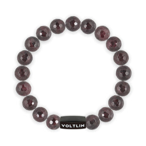 Top view of a 10mm Faceted Garnet crystal beaded stretch bracelet with black stainless steel logo bead made by Voltlin