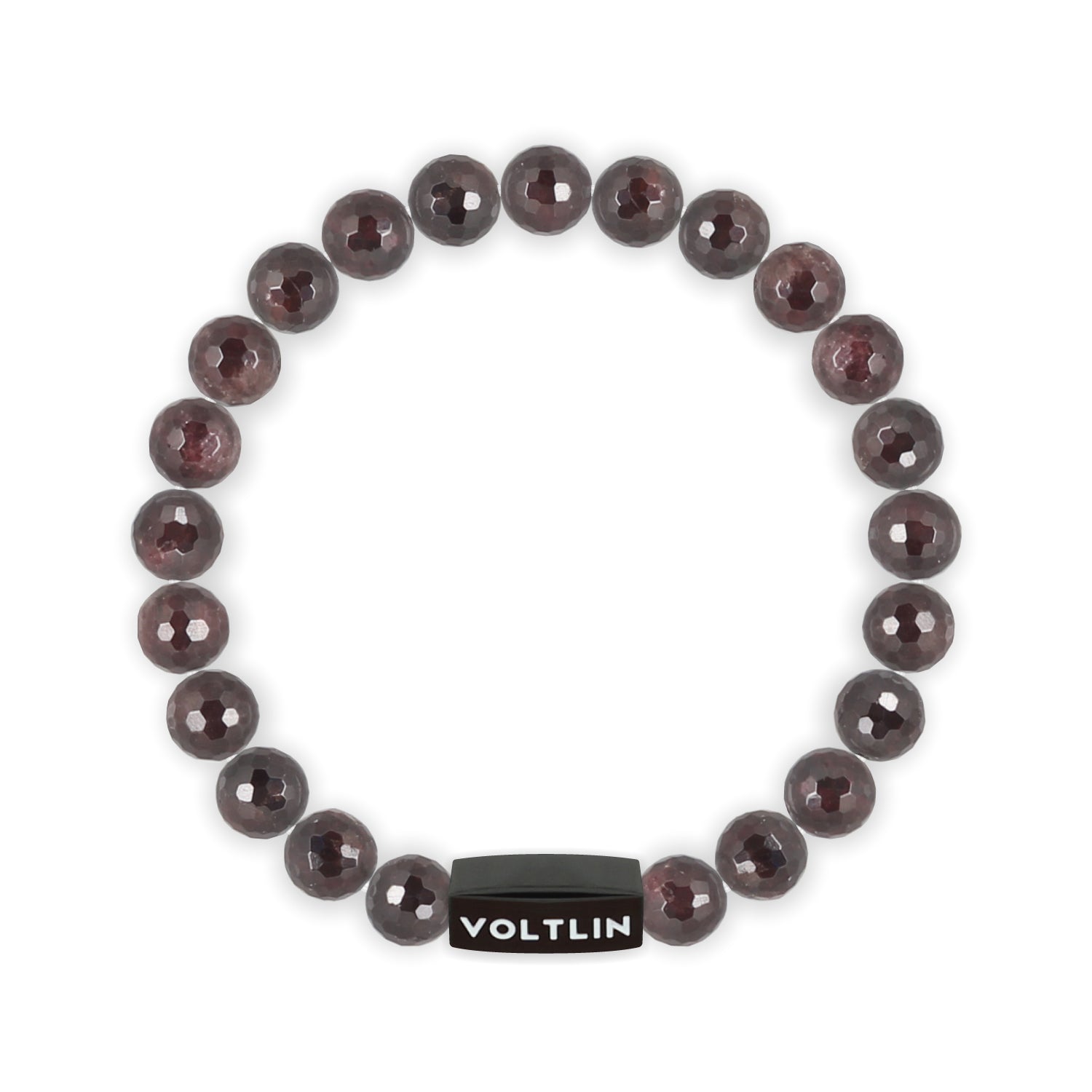 Top view of an 8mm Faceted Garnet crystal beaded stretch bracelet with black stainless steel logo bead made by Voltlin