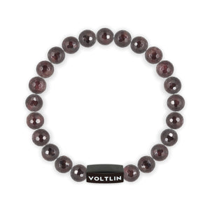 Top view of an 8mm Faceted Garnet crystal beaded stretch bracelet with black stainless steel logo bead made by Voltlin