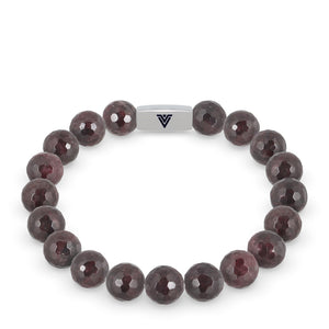 Front view of a 10mm Faceted Garnet Agate beaded stretch bracelet with silver stainless steel logo bead made by Voltlin