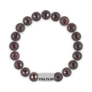 Top view of a 10mm Faceted Garnet Agate beaded stretch bracelet with silver stainless steel logo bead made by Voltlin